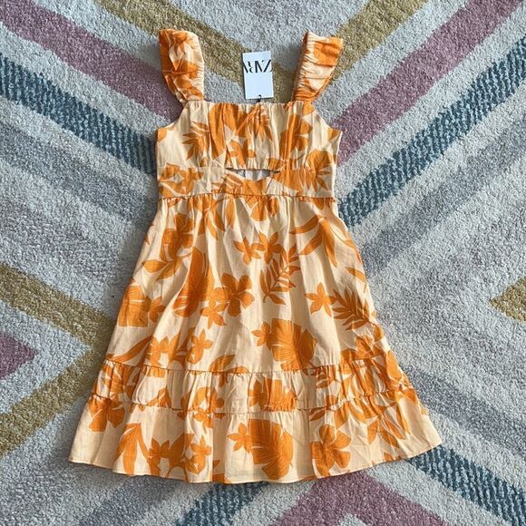 ZARA Kids | Orange | LINEN BLEND CUT OUT LEAF DRESS - Picture 6 of 7